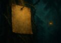 Avis de recherche vierge cloué sur un tronc couvert de ronces dans une jungle sombre, illustration Dofus