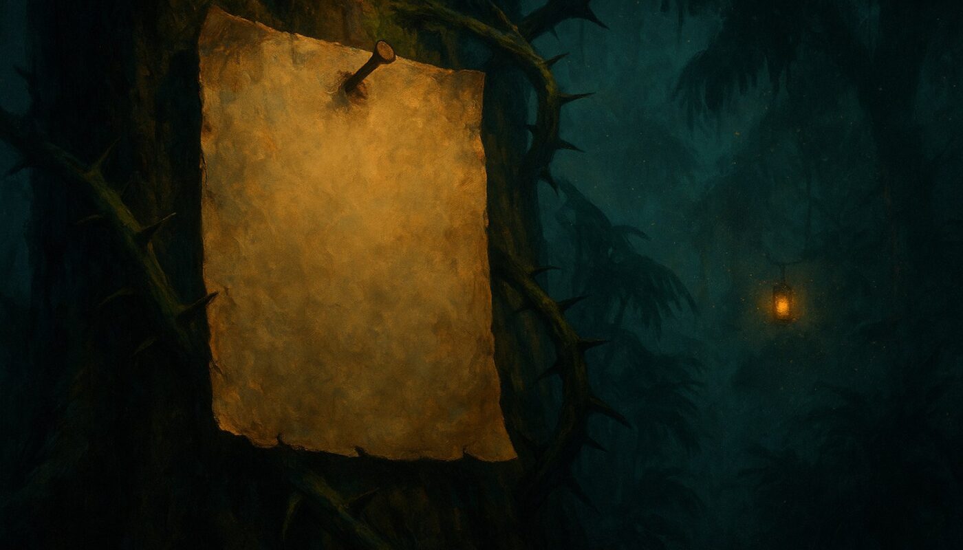 Avis de recherche vierge cloué sur un tronc couvert de ronces dans une jungle sombre, illustration Dofus