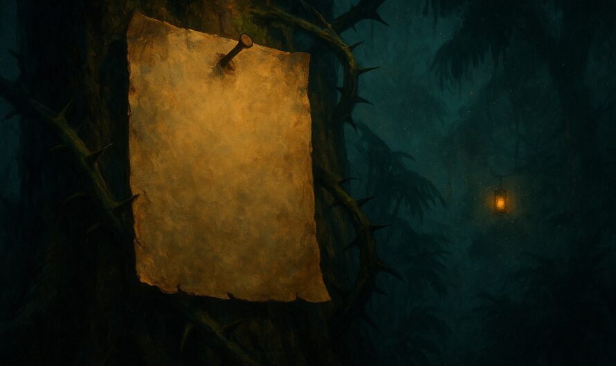 Avis de recherche vierge cloué sur un tronc couvert de ronces dans une jungle sombre, illustration Dofus