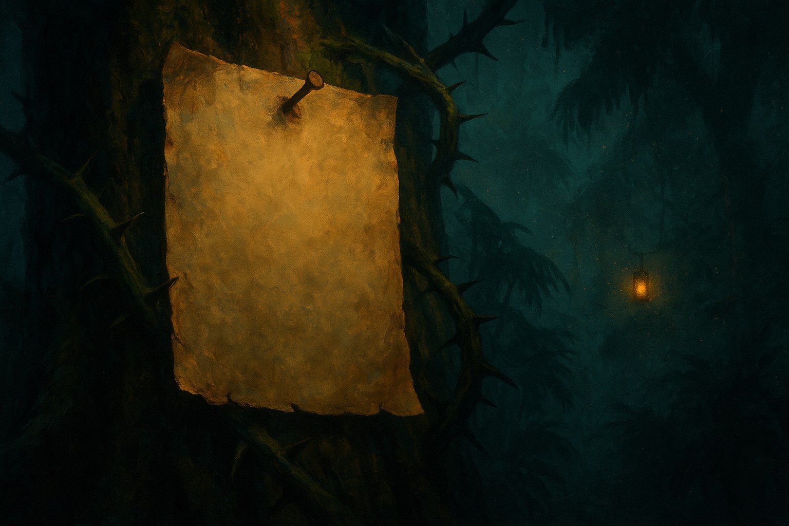 Avis de recherche vierge cloué sur un tronc couvert de ronces dans une jungle sombre, illustration Dofus