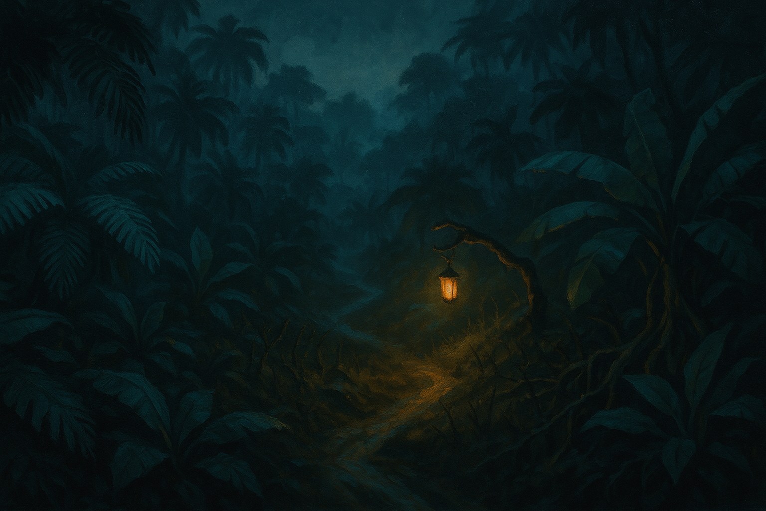 Sentier étroit éclairé par une lanterne au milieu d'une jungle dense et sombre, ambiance de la Jungle Obscure d'Otomaï