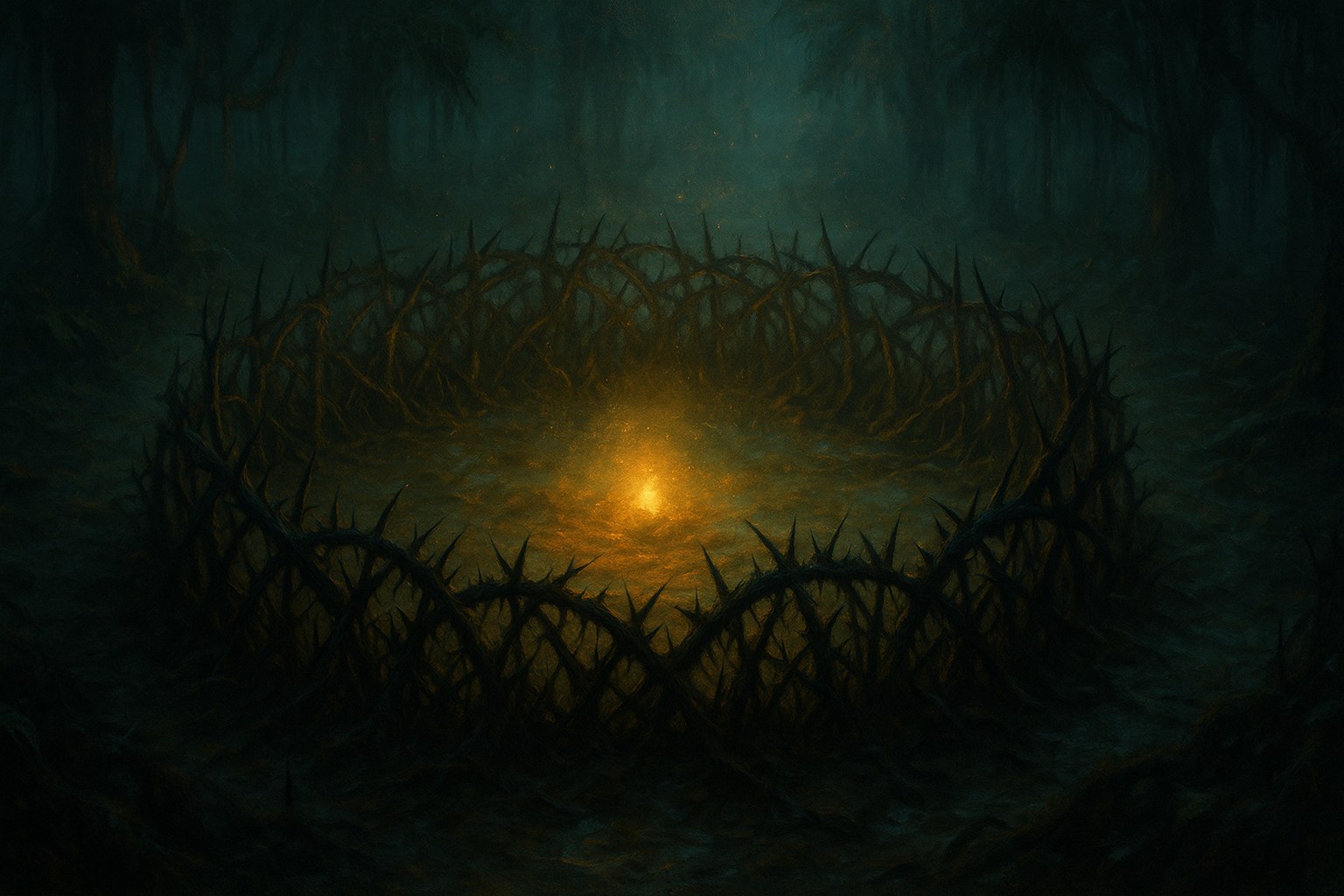 Cercle de ronces épineuses refermé autour d'une clairière éclairée, illustration du sort Forêt épineuse d'Amy l'empoisonneuse