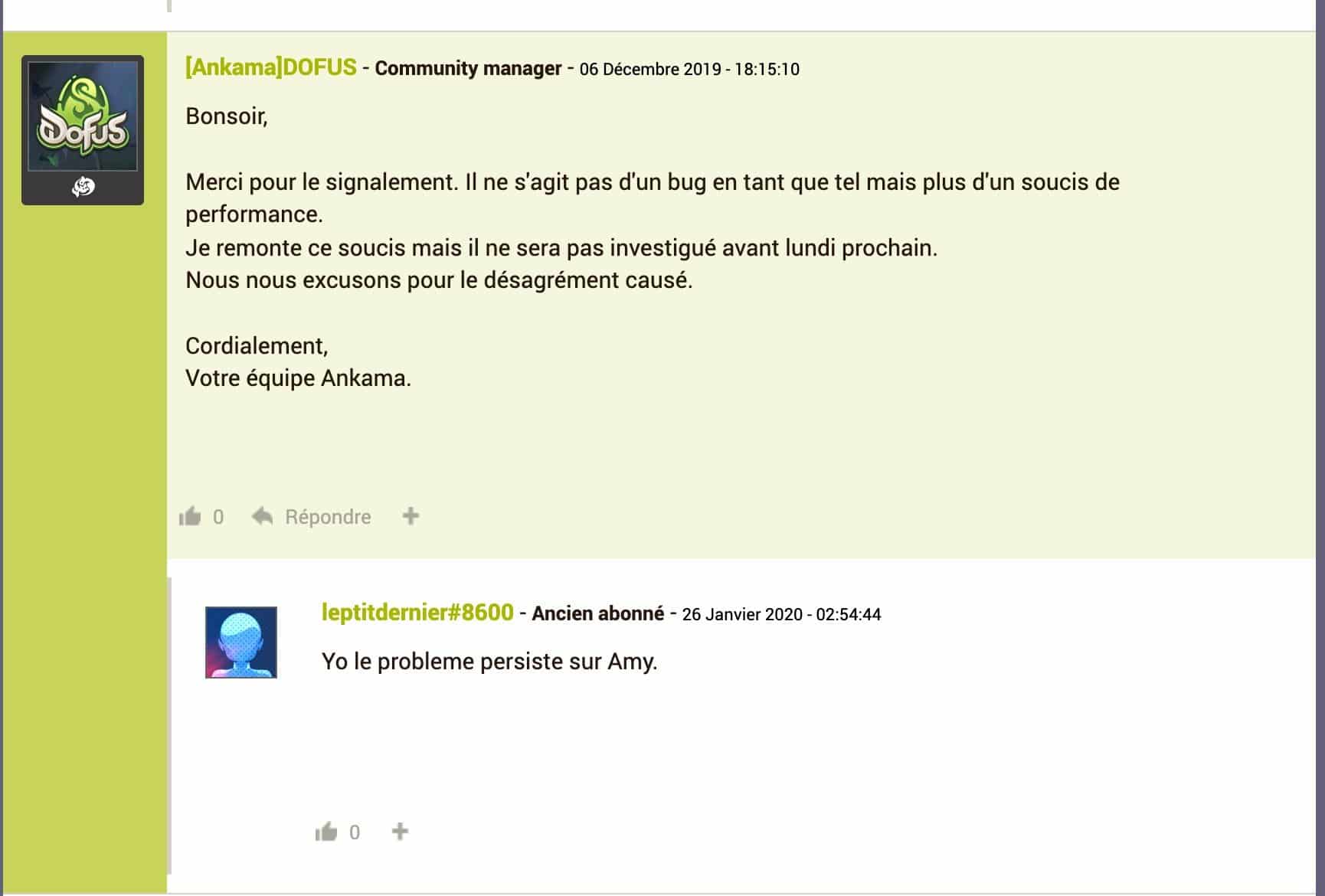 Capture du forum officiel DOFUS montrant la réponse du community manager Ankama du 6 décembre 2019 sur les ralentissements du combat contre Amy
