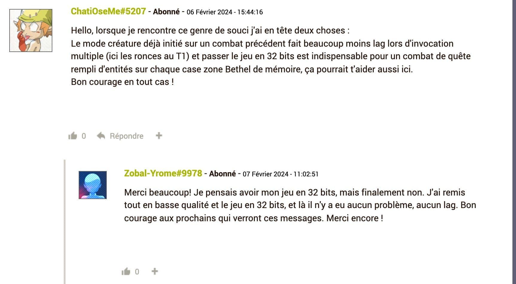 Capture du forum officiel DOFUS de février 2024 montrant qu'un passage du client en 32 bits et en basse qualité supprime le lag du combat contre Amy