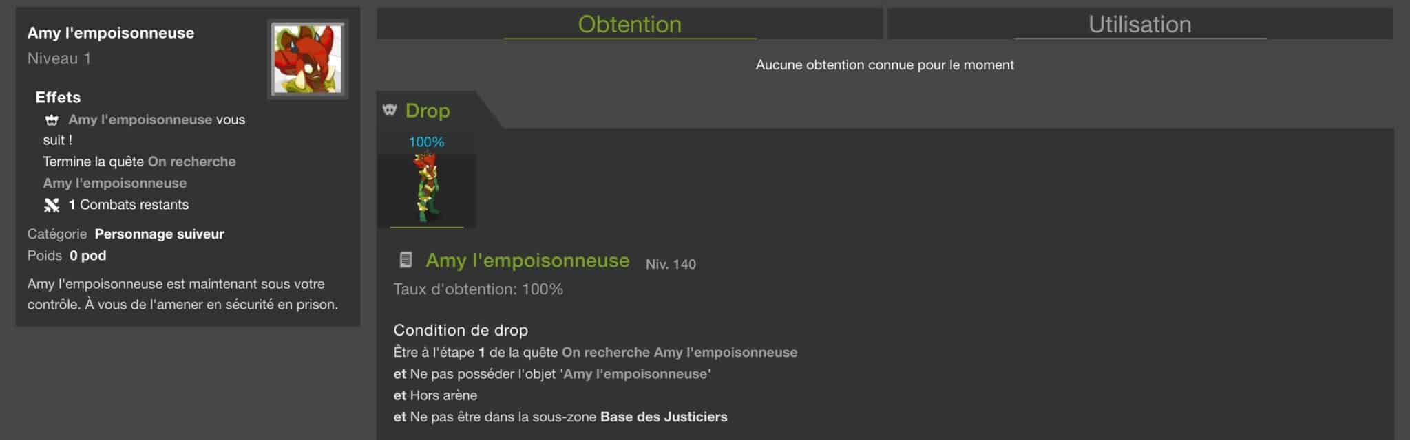 Capture de la fiche DofusDB de l'objet Amy l'empoisonneuse : personnage suiveur, 1 combat restant, conditions de drop hors arène