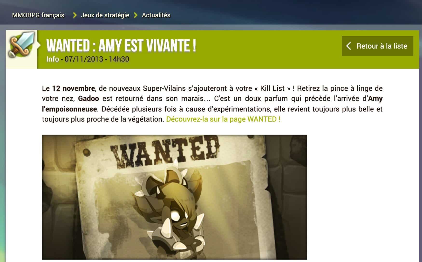 Capture de l'actualité officielle DOFUS du 7 novembre 2013 annonçant l'arrivée d'Amy l'empoisonneuse parmi les super-vilains