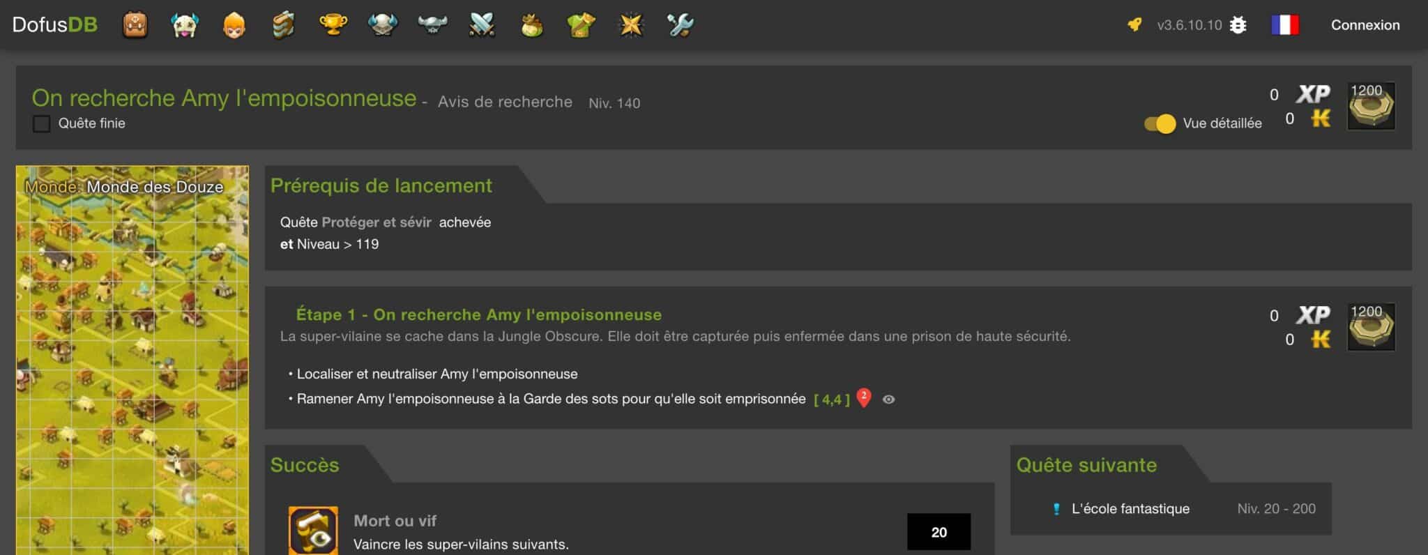 Capture de la fiche DofusDB de la quête On recherche Amy l'empoisonneuse : prérequis Niveau supérieur à 119 et récompense de 1200 jetons