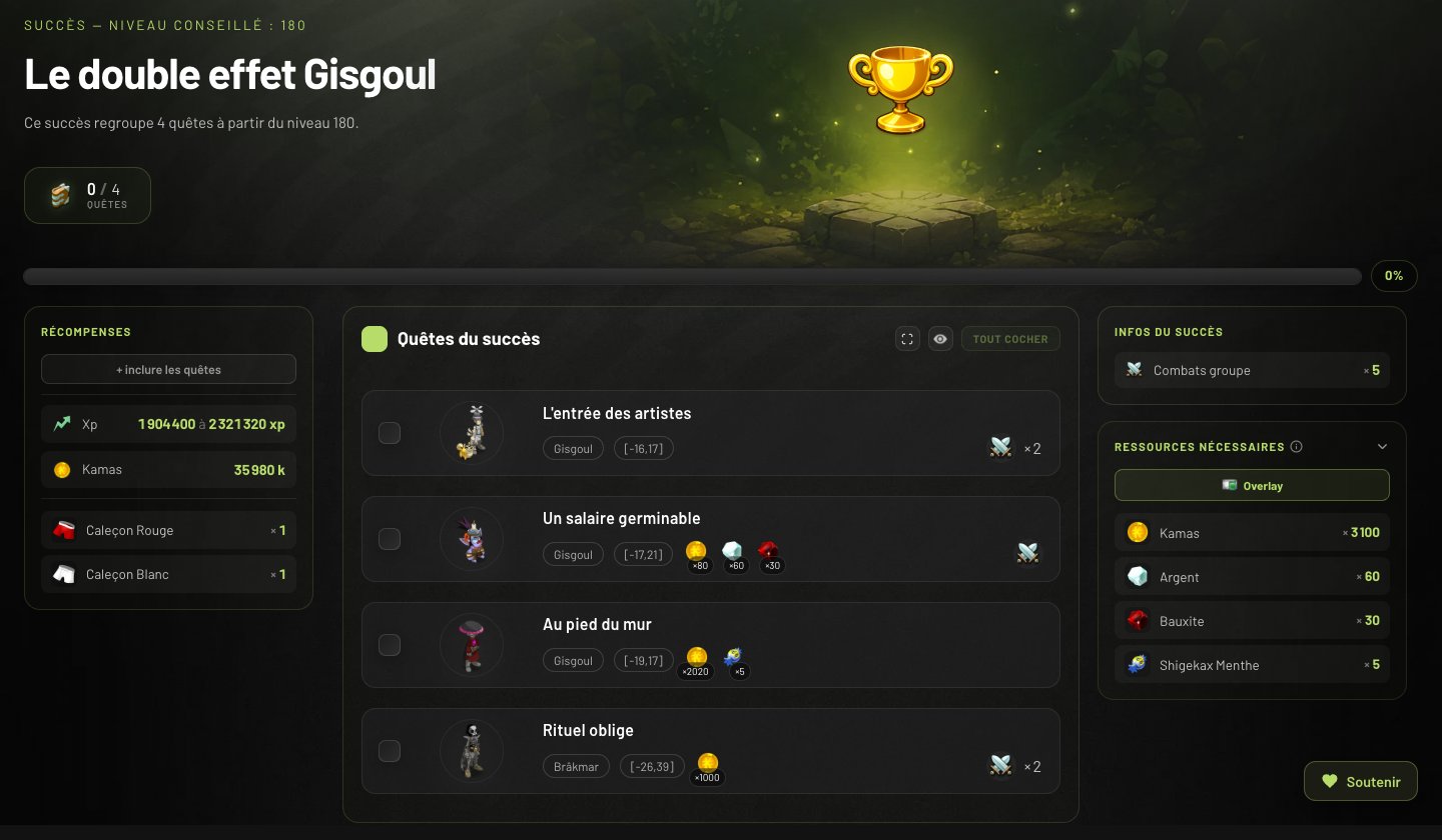 Fiche du succès Le double effet Gisgoul sur duffus.fr : 4 quêtes, 1 904 400 à 2 321 320 XP, 35 980 kamas, Caleçon Rouge et Caleçon Blanc