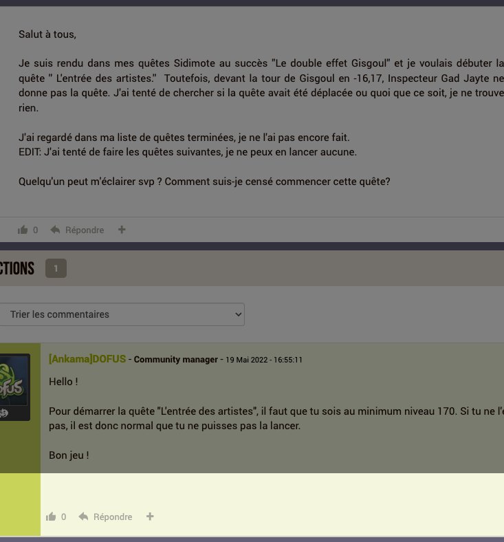 Fil du forum officiel DOFUS : la réponse du community manager Ankama du 19 mai 2022 confirme le niveau 170 minimum pour lancer la quête L’entrée des artistes