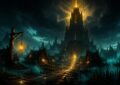 Illustration de la quête Dofus L'entrée des artistes : la Tour de Gisgoul illuminée d'une lueur dorée au-dessus du village des Bworks