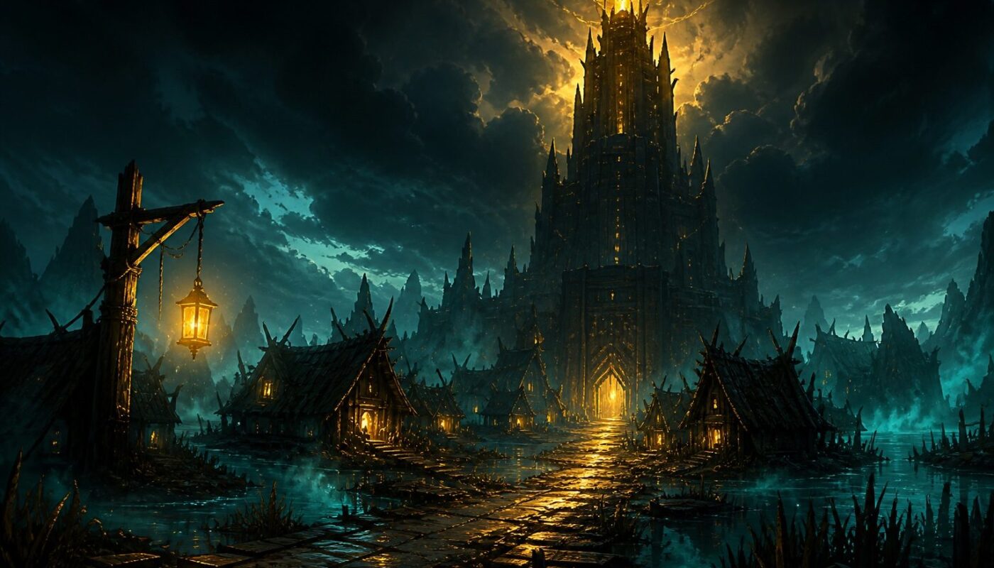 Illustration de la quête Dofus L'entrée des artistes : la Tour de Gisgoul illuminée d'une lueur dorée au-dessus du village des Bworks