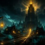 Illustration de la quête Dofus L'entrée des artistes : la Tour de Gisgoul illuminée d'une lueur dorée au-dessus du village des Bworks