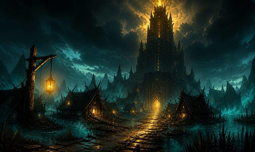 Illustration de la quête Dofus L'entrée des artistes : la Tour de Gisgoul illuminée d'une lueur dorée au-dessus du village des Bworks