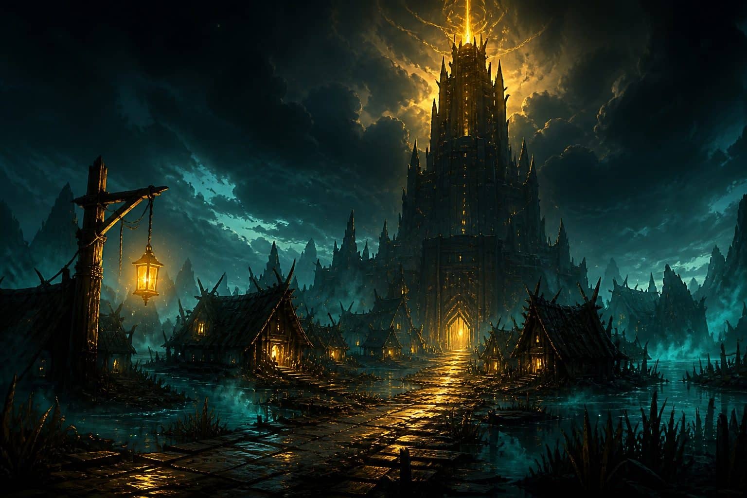 Illustration de la quête Dofus L'entrée des artistes : la Tour de Gisgoul illuminée d'une lueur dorée au-dessus du village des Bworks