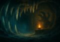 Caverne de glace aux immenses crocs translucides eclairee par un brasier dore, illustration du donjon Kolosso dans Dofus