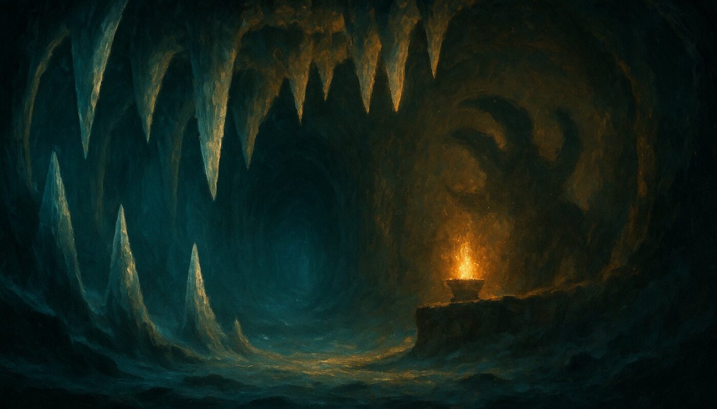 Caverne de glace aux immenses crocs translucides eclairee par un brasier dore, illustration du donjon Kolosso dans Dofus