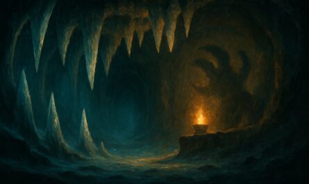 Caverne de glace aux immenses crocs translucides eclairee par un brasier dore, illustration du donjon Kolosso dans Dofus