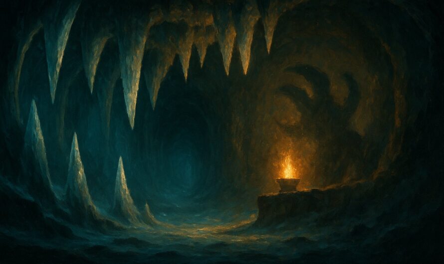 Caverne de glace aux immenses crocs translucides eclairee par un brasier dore, illustration du donjon Kolosso dans Dofus