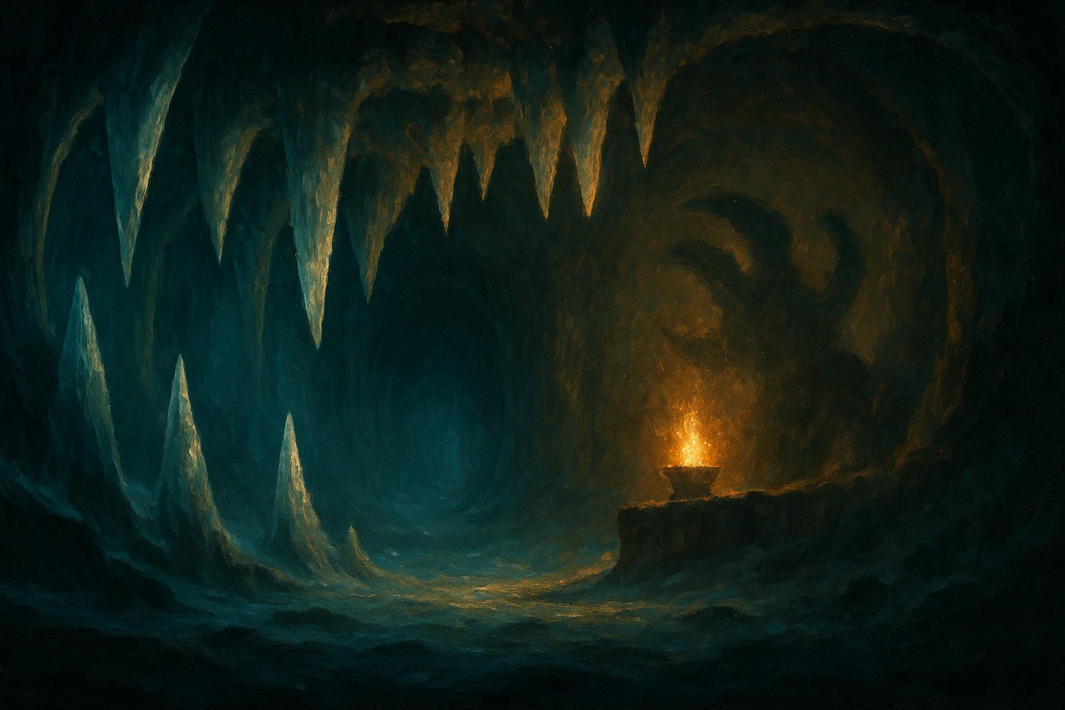 Caverne de glace aux immenses crocs translucides eclairee par un brasier dore, illustration du donjon Kolosso dans Dofus