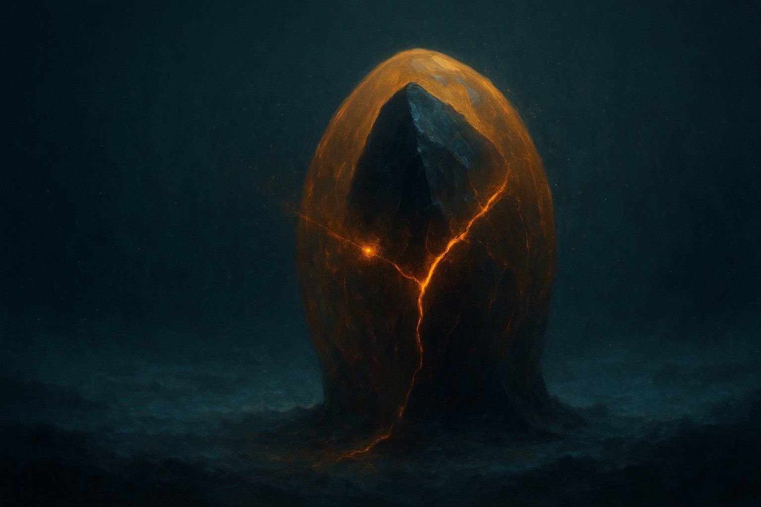 Bloc de pierre sombre enfermé dans une coque de lumière dorée que fissure une minuscule braise, illustration de l'état Invulnérable du Kolosso