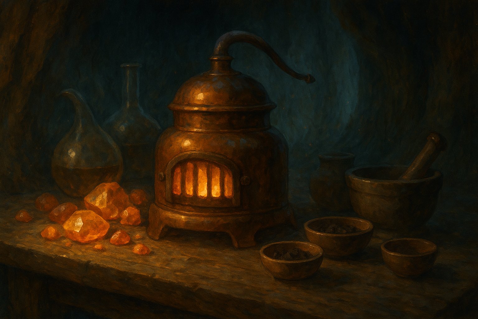 Illustration d'un athanor d'alchimiste entoure de gemmes d'ambre brutes