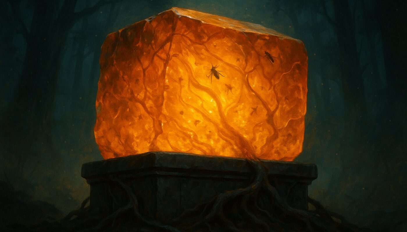 Bloc d'ambre fossilise incandescent pose sur une dalle de pierre dans une foret sombre