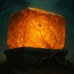 Bloc d'ambre fossilise incandescent pose sur une dalle de pierre dans une foret sombre