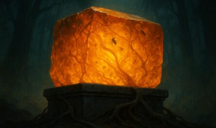 Bloc d'ambre fossilise incandescent pose sur une dalle de pierre dans une foret sombre