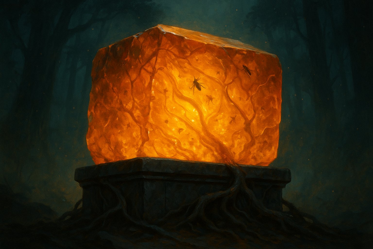 Bloc d'ambre fossilise incandescent pose sur une dalle de pierre dans une foret sombre