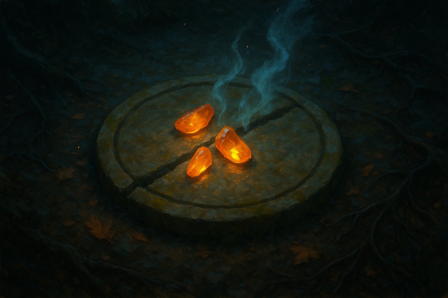 Illustration des trois eclats d'ambre purifies poses sur un sceau de pierre fissure