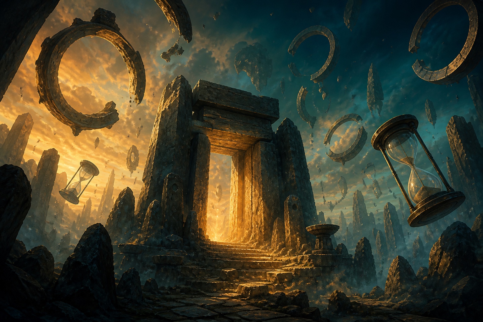 Illustration peinte de l’entrée mégalithique du donjon de Fraktale dans la dimension du Xélorium