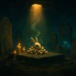 Illustration peinte d'ossements de Wabbit entourés de bougies sur l'îlot des Tombeaux, lumière dorée, ombres cyan