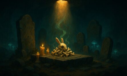 Illustration peinte d'ossements de Wabbit entourés de bougies sur l'îlot des Tombeaux, lumière dorée, ombres cyan