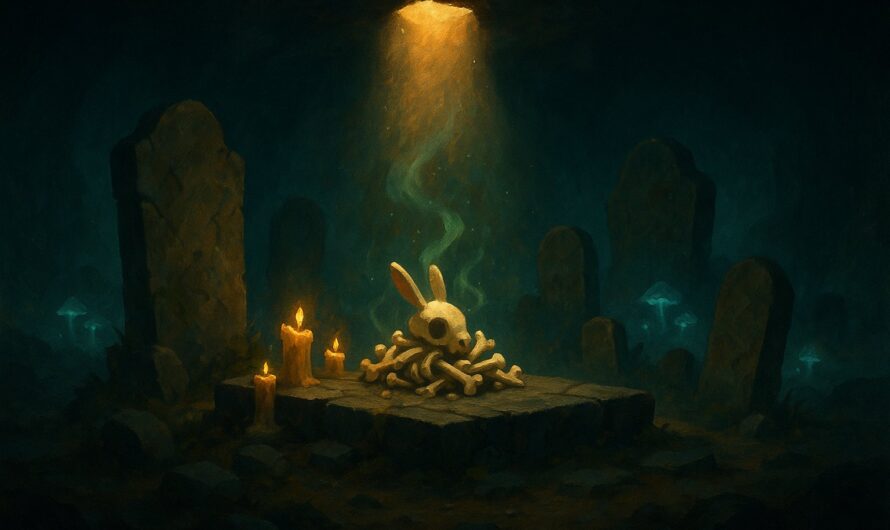 Illustration peinte d'ossements de Wabbit entourés de bougies sur l'îlot des Tombeaux, lumière dorée, ombres cyan