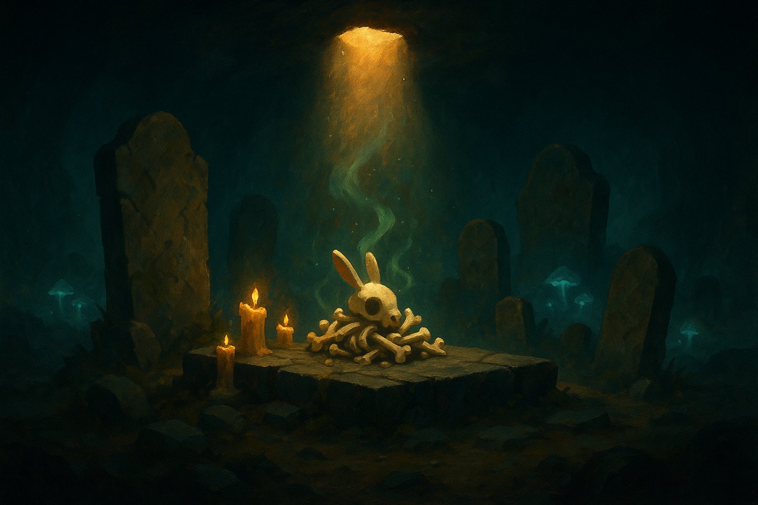 Illustration peinte d'ossements de Wabbit entourés de bougies sur l'îlot des Tombeaux, lumière dorée, ombres cyan