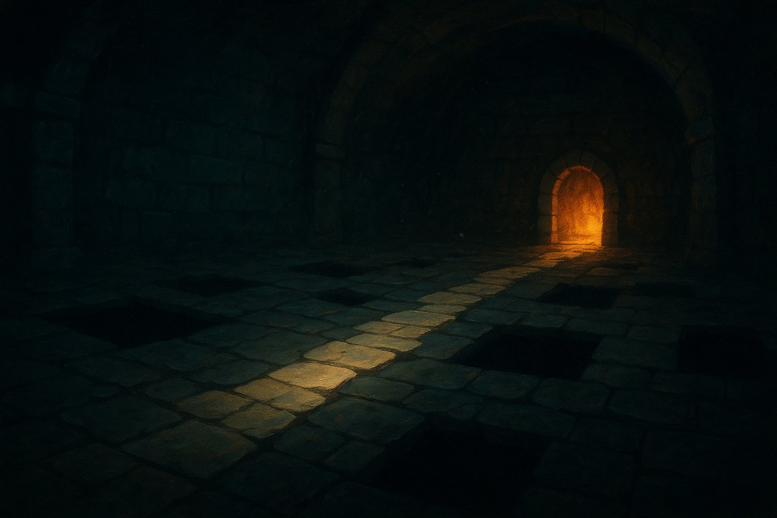 Illustration peinte d'une salle souterraine au sol troué avec un chemin sûr de dalles pâles menant à une porte lumineuse