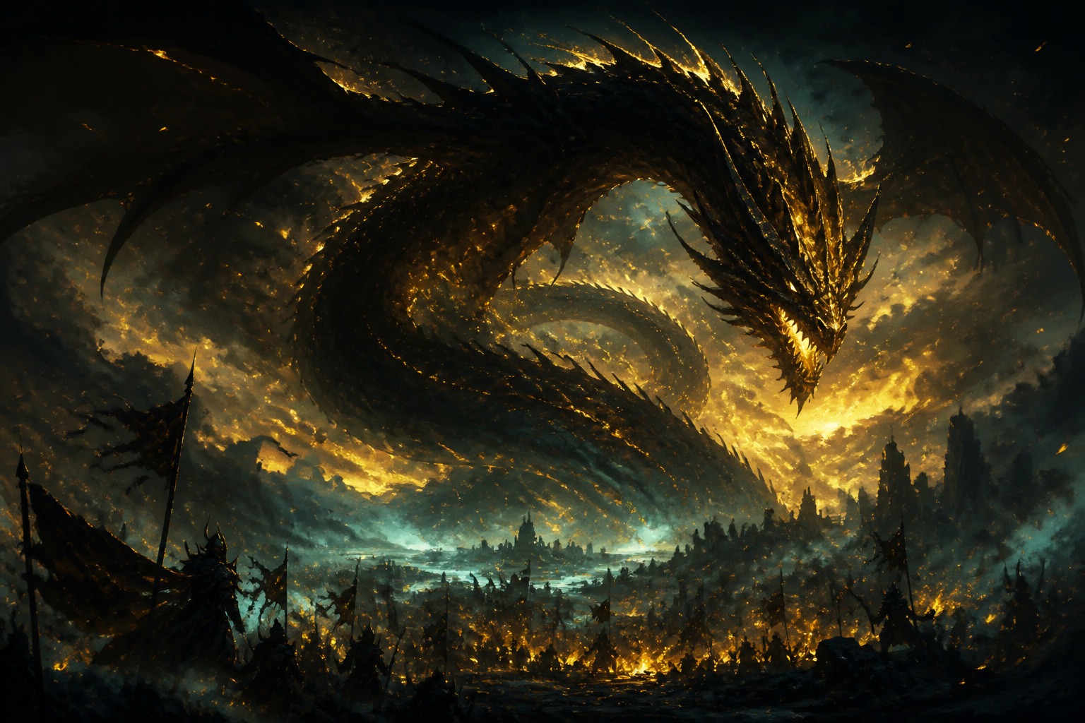 Grand dragon sombre au-dessus d’un champ de bataille brumeux, embruns dorés