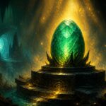 Œuf de dragon émeraude sur un autel de pierre dans une grotte, lumière dorée