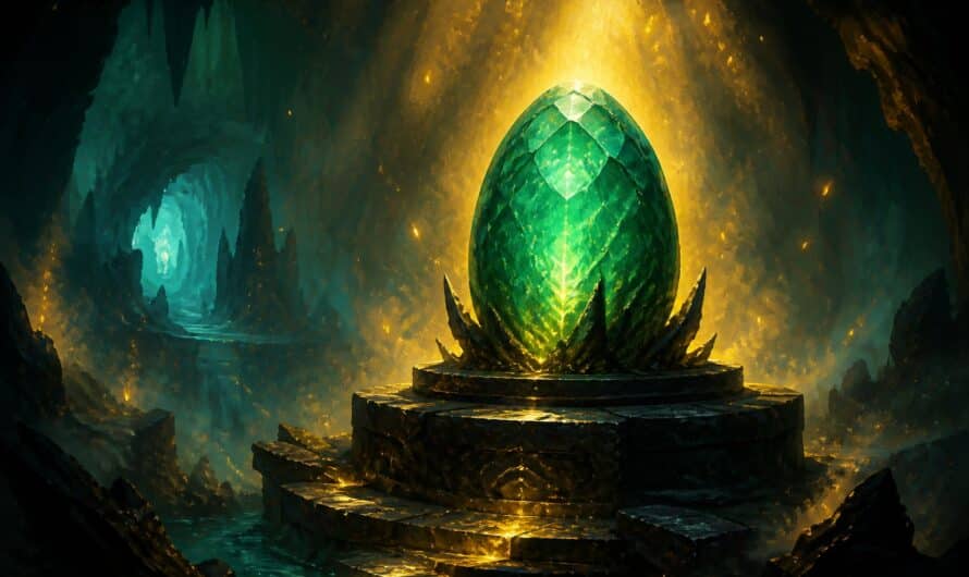Œuf de dragon émeraude sur un autel de pierre dans une grotte, lumière dorée