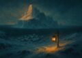 Illustration : l'ile glacee de Frigost sous le blizzard, un village enseveli et une lanterne doree au premier plan