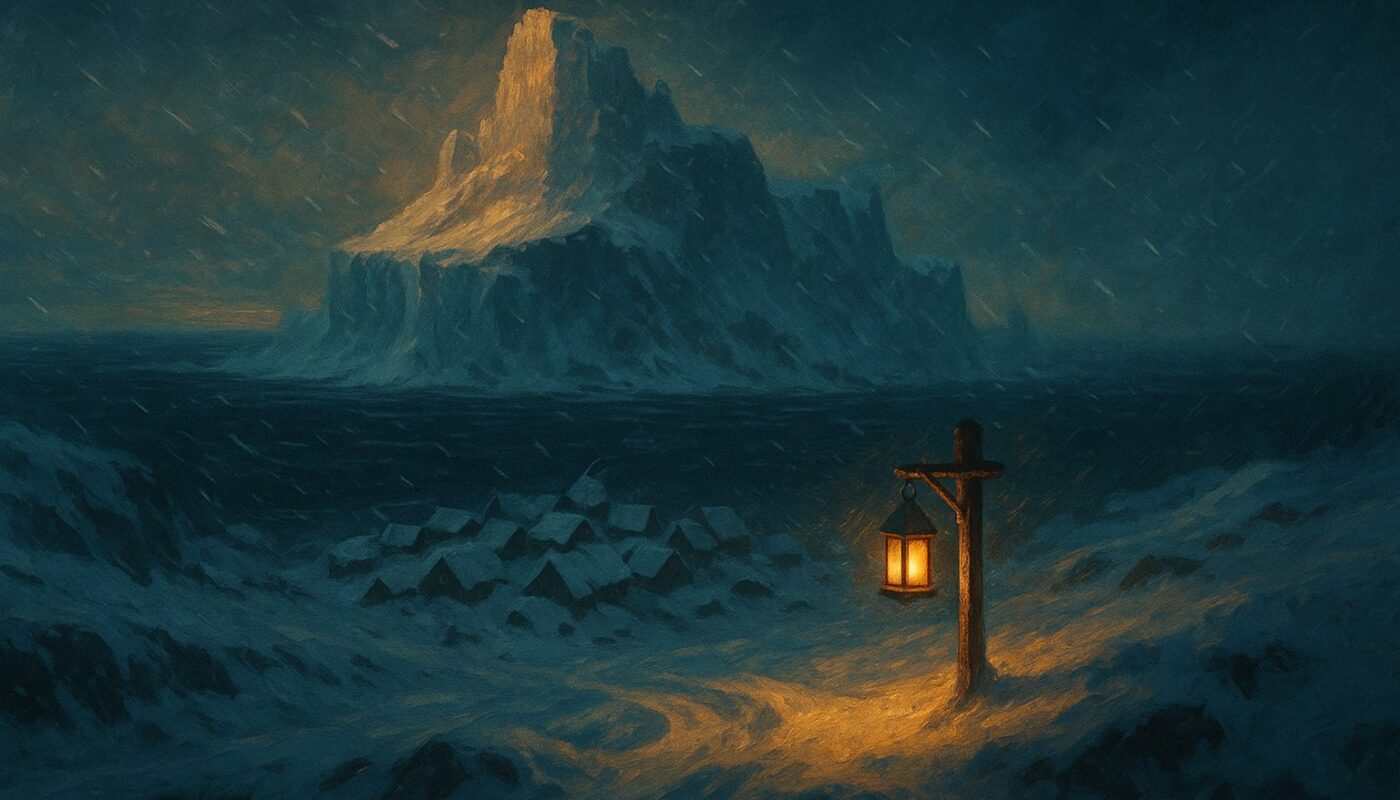 Illustration : l'ile glacee de Frigost sous le blizzard, un village enseveli et une lanterne doree au premier plan