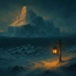 Illustration : l'ile glacee de Frigost sous le blizzard, un village enseveli et une lanterne doree au premier plan