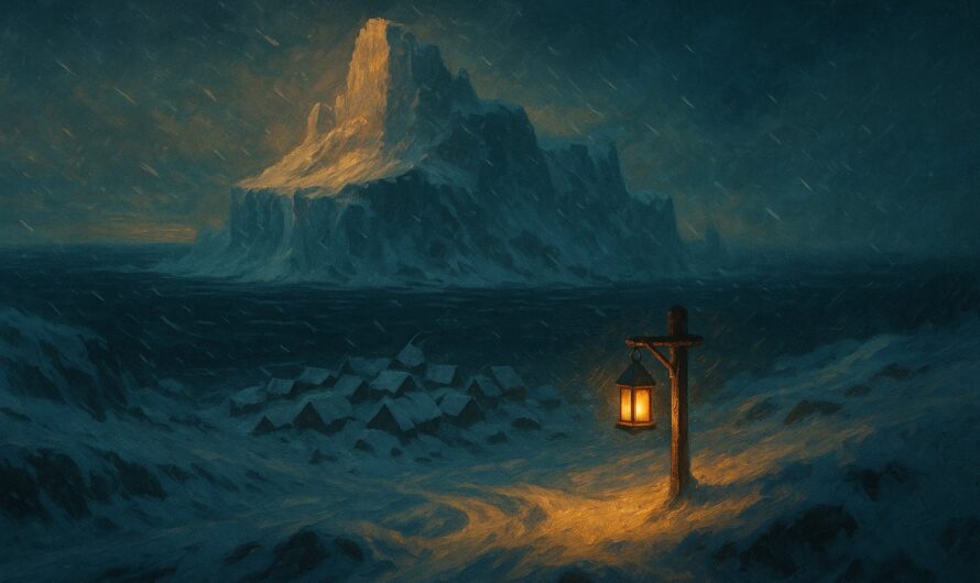 Illustration : l'ile glacee de Frigost sous le blizzard, un village enseveli et une lanterne doree au premier plan