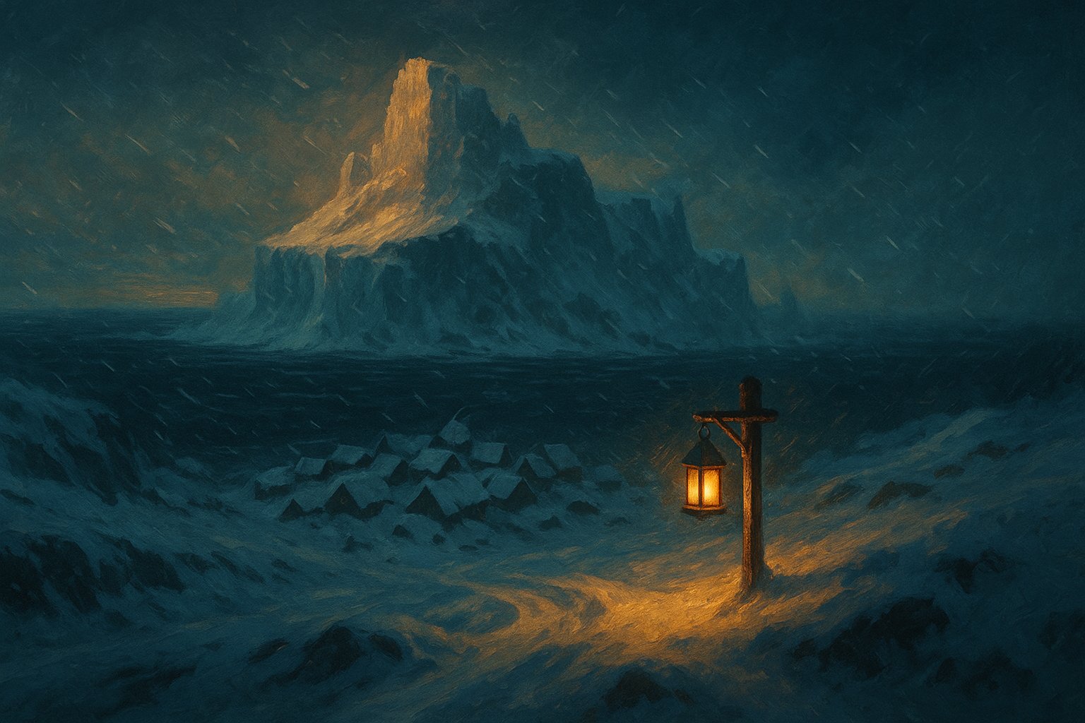 Illustration : l'ile glacee de Frigost sous le blizzard, un village enseveli et une lanterne doree au premier plan