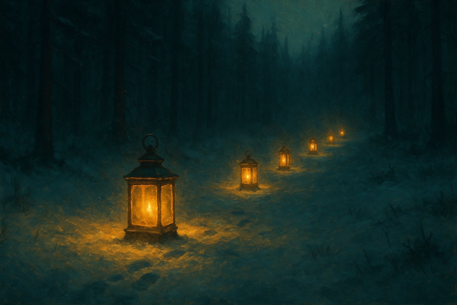 Illustration : une file de lanternes dorees plantees dans la neige d'une foret de pins gelee, symbole de la chaine de quetes