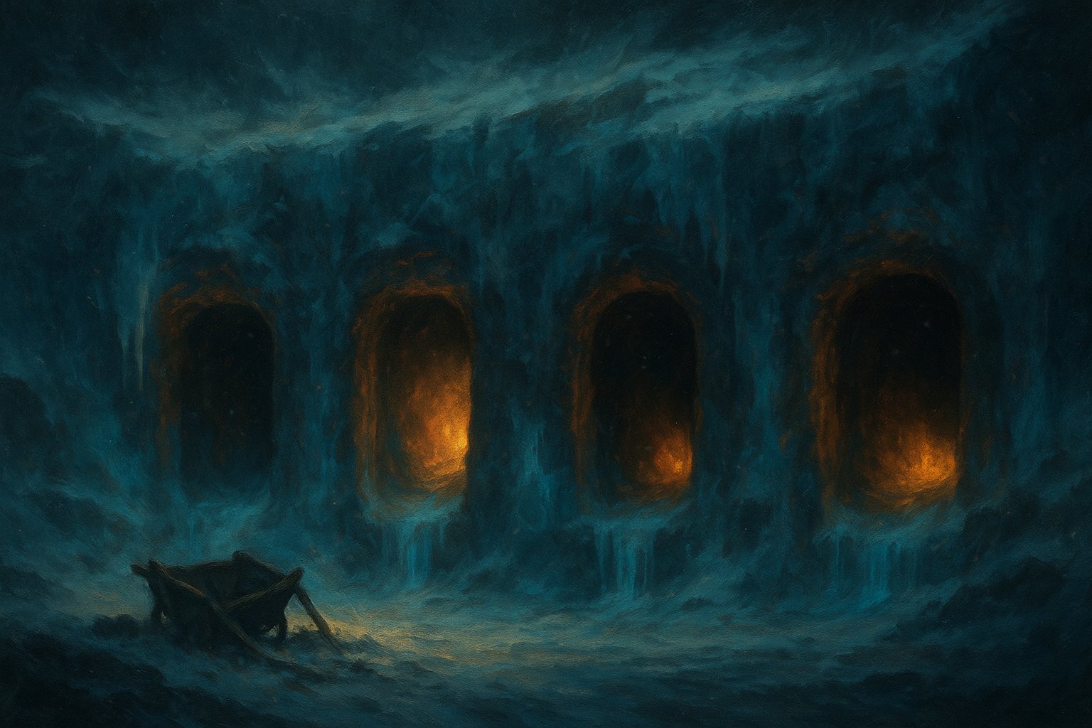 Illustration : quatre entrees de donjon creusees dans une falaise de glace, chacune eclairee d'une lumiere doree