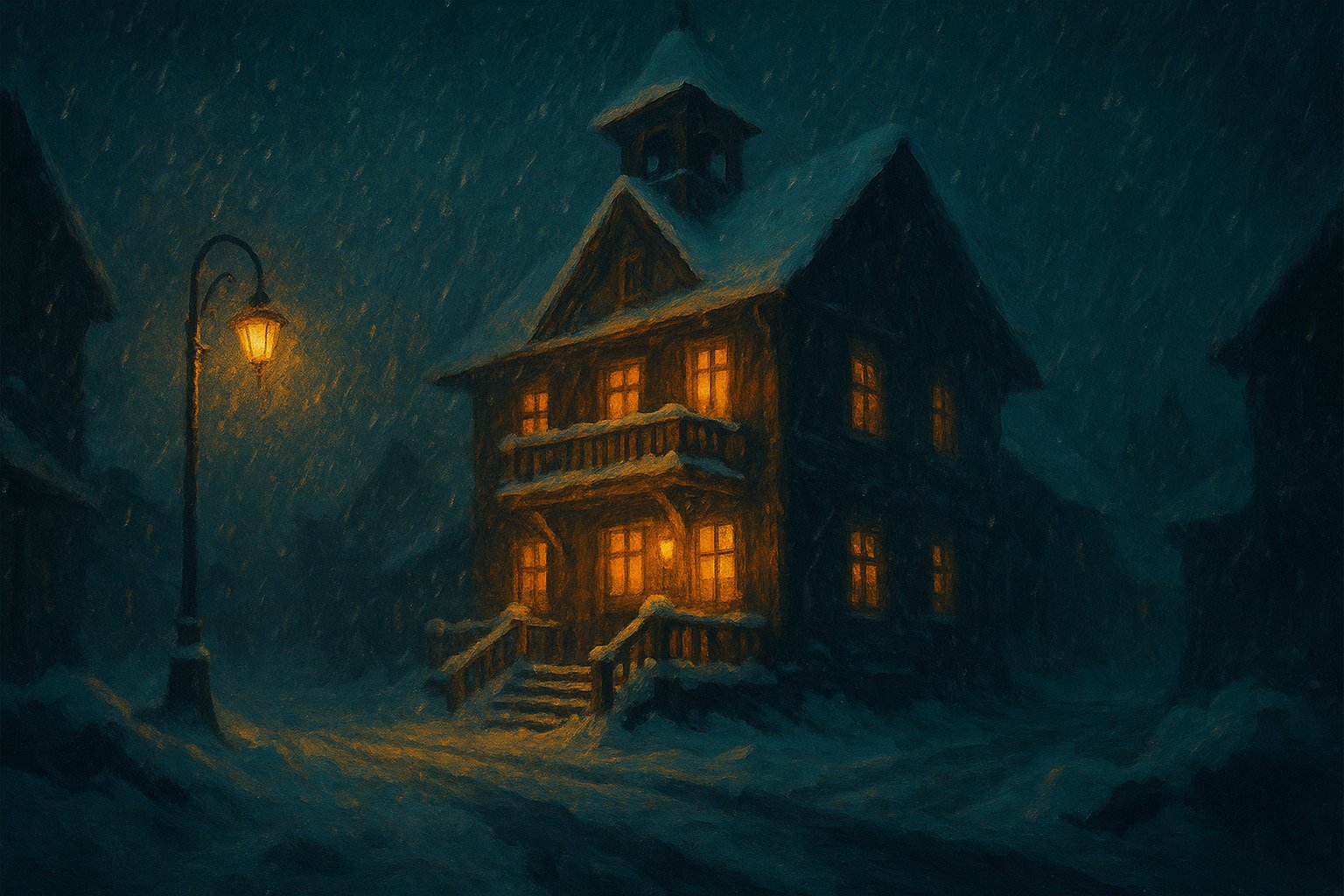 Illustration : une mairie en bois enneigee aux fenetres dorees, sous une tempete de neige nocturne