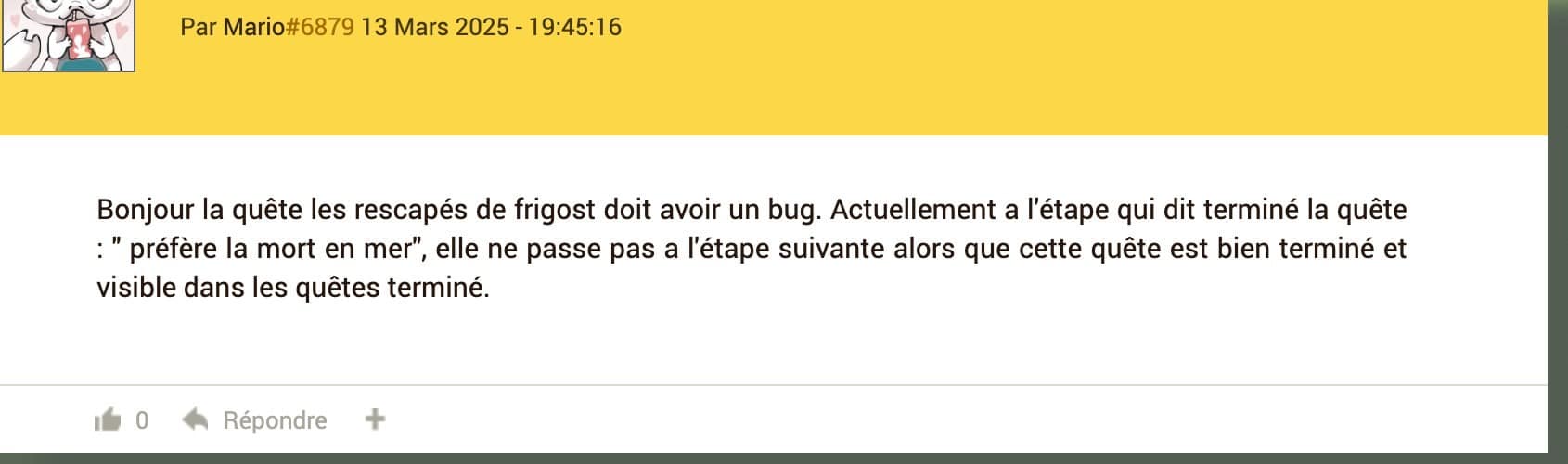 Capture du forum DOFUS Touch : un joueur signale le 13 mars 2025 que la chaine ne passe pas a l'etape suivante