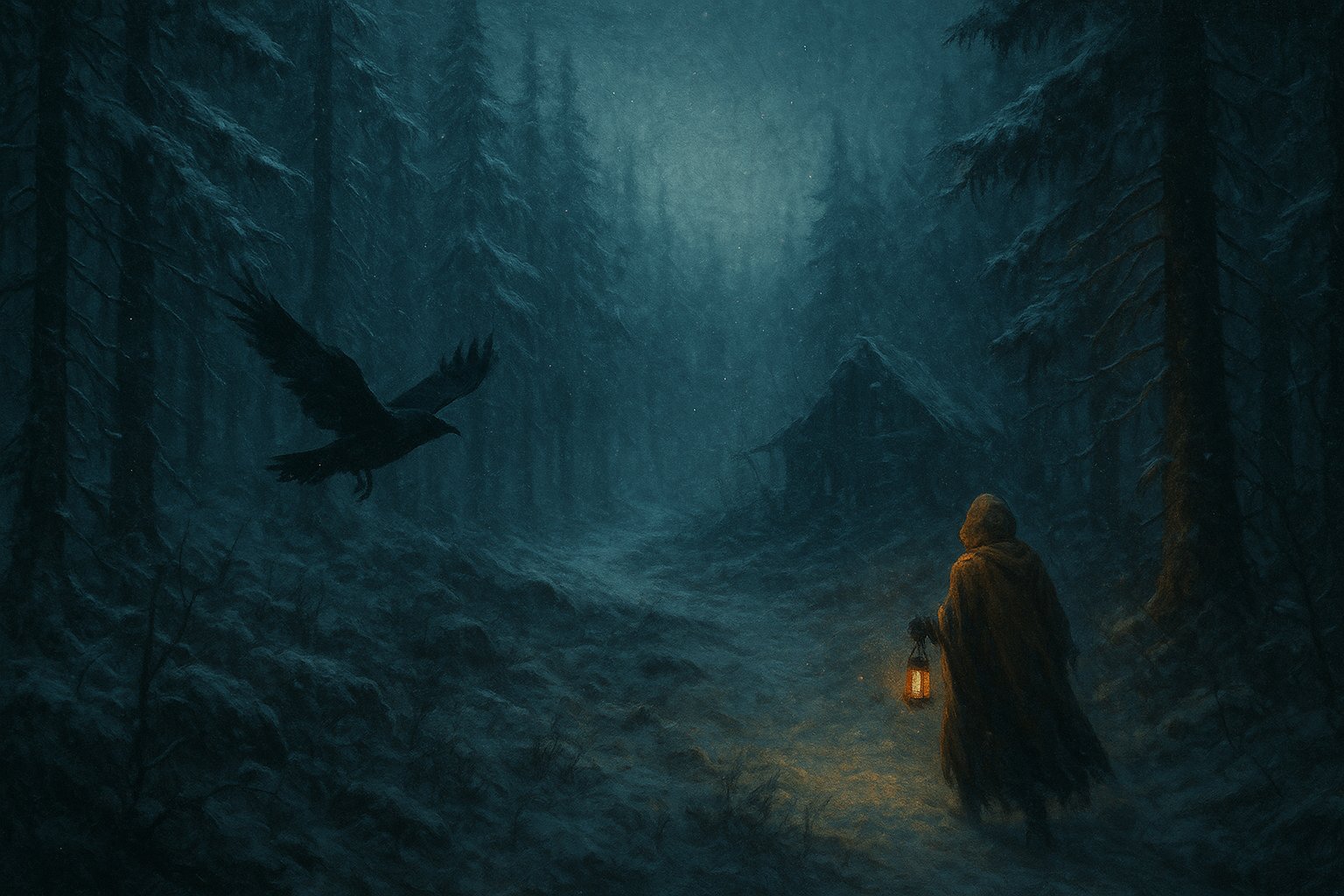 Voyageur encapuchonné à la lanterne suivant un corbeau dans une forêt enneigée, illustration de la quête Les derniers d'entre nous