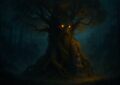 Key-art cinématographique d'un gardien arboré géant dans une forêt sombre éclairée d'une lumière dorée, illustrant le succès L'arbre qui cache la forêt de Dofus